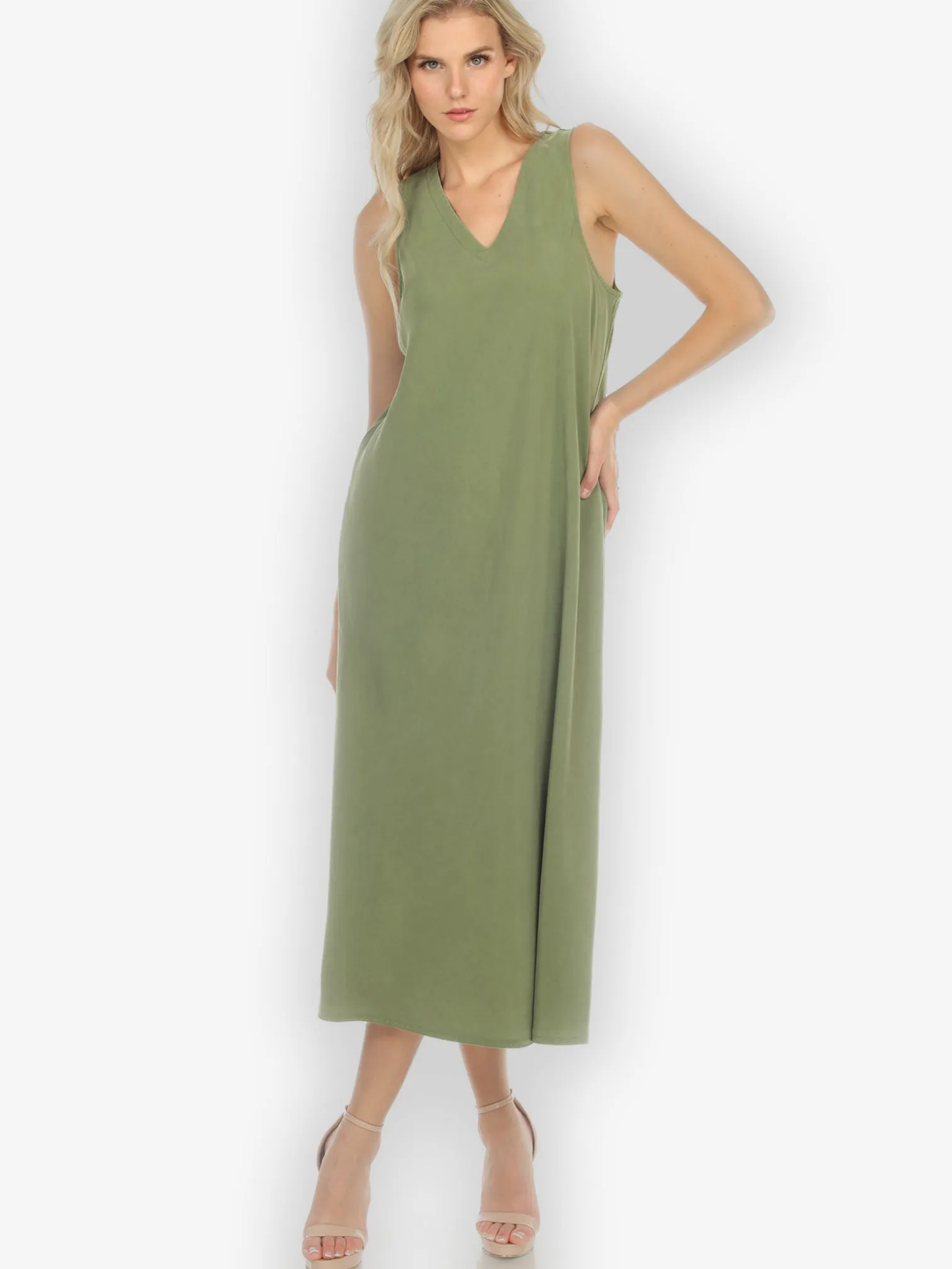 Bias Cut V-neck Olive Dress