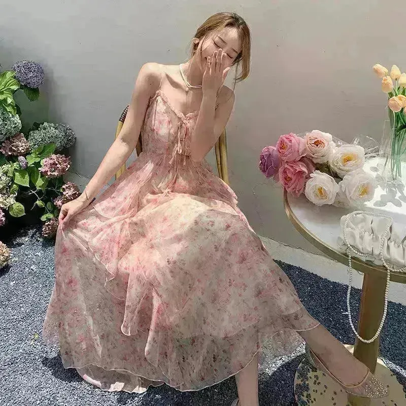 Elegant Floral Flare Sleeveless Long Maxi Dress Casual Outdoor Summer Dress for Women