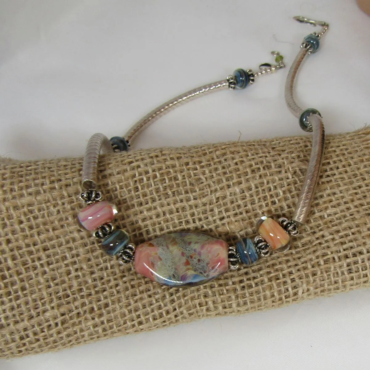 Handmade Artisan Bead Necklace in Peach & Green