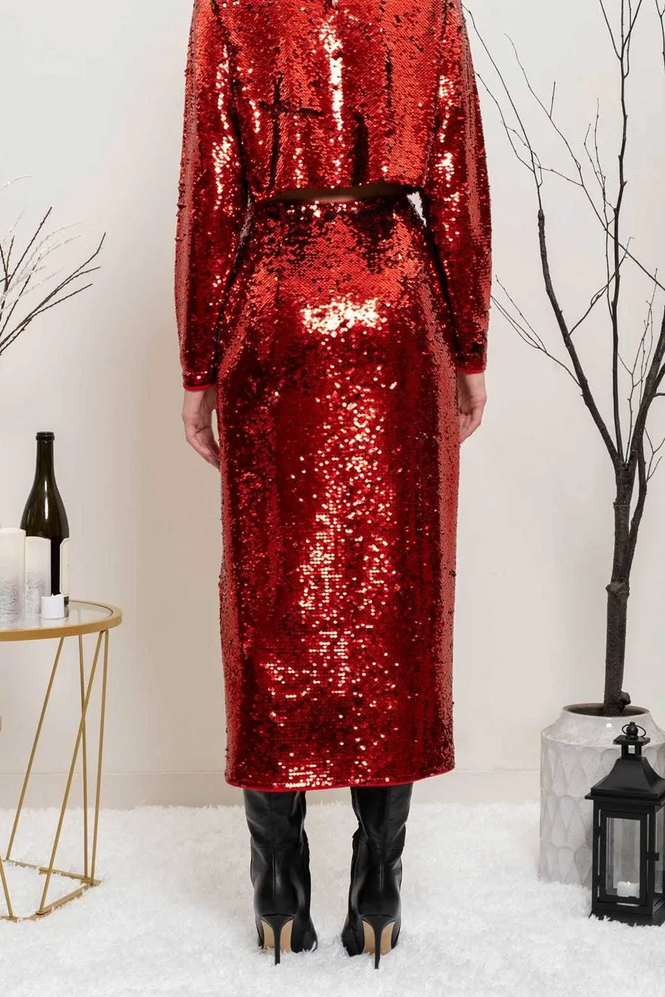 Red Sequin Midi Skirt