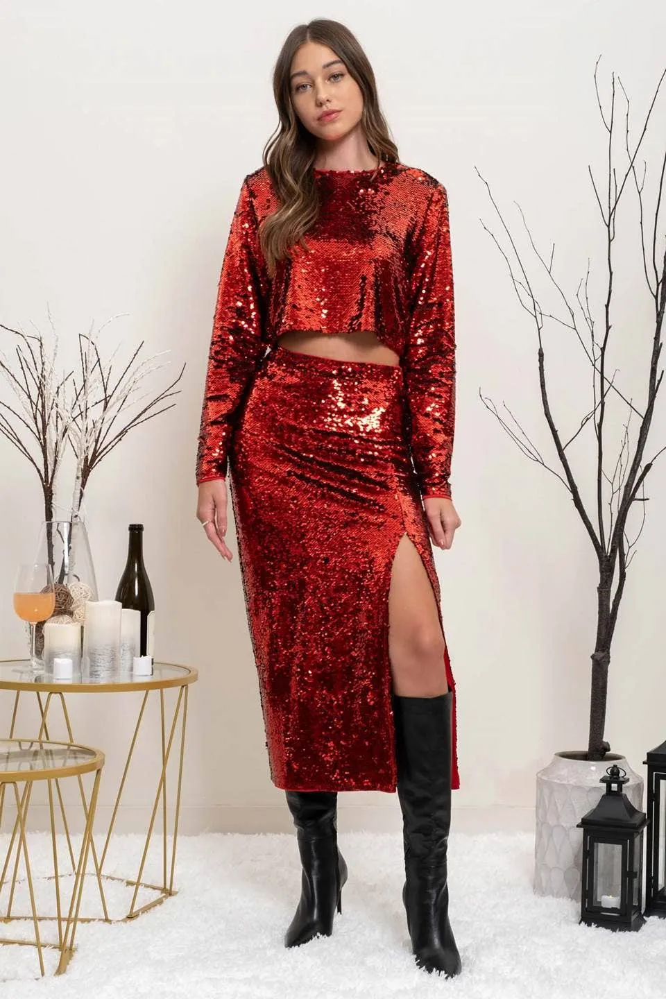 Red Sequin Midi Skirt