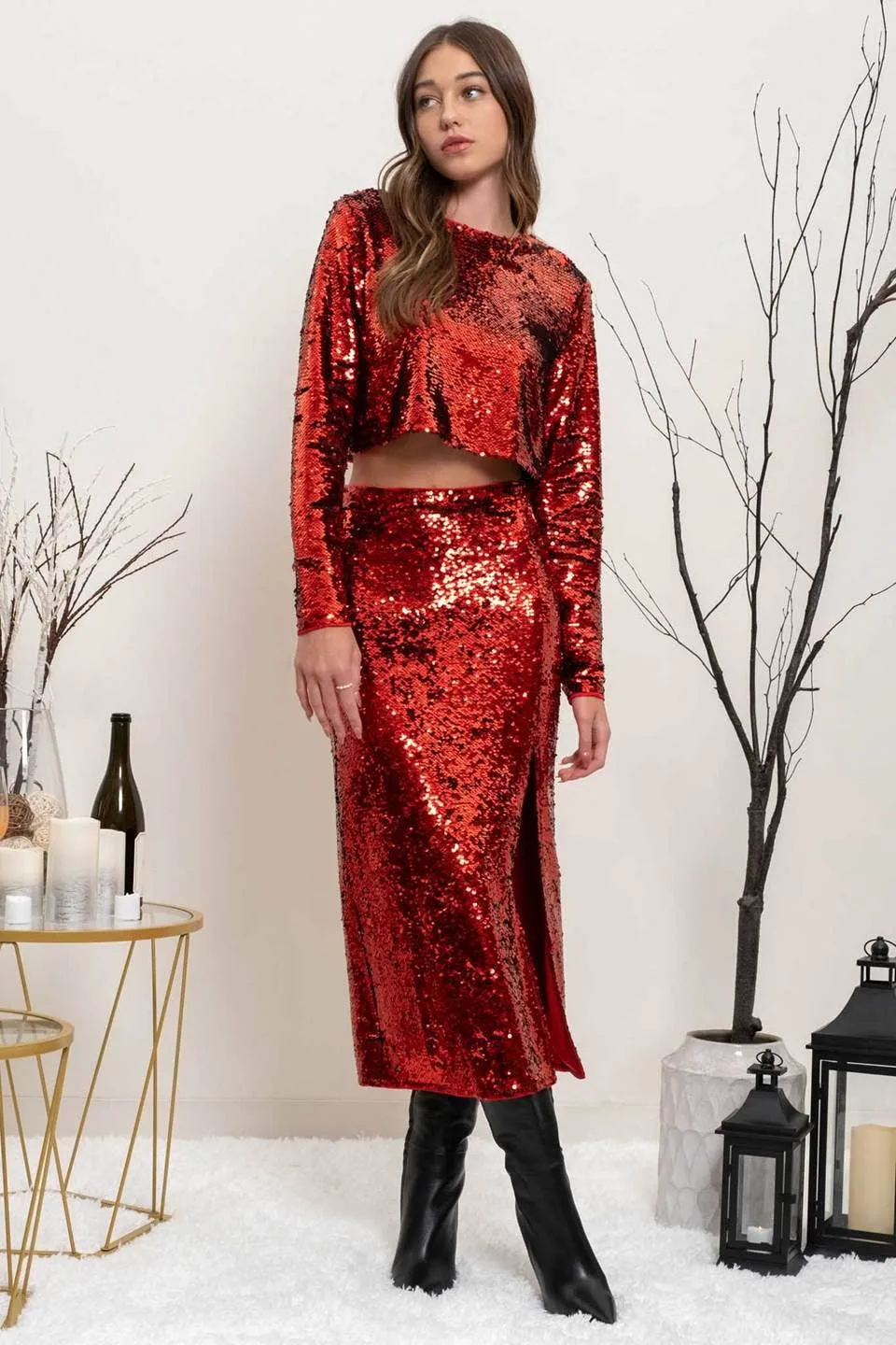 Red Sequin Midi Skirt