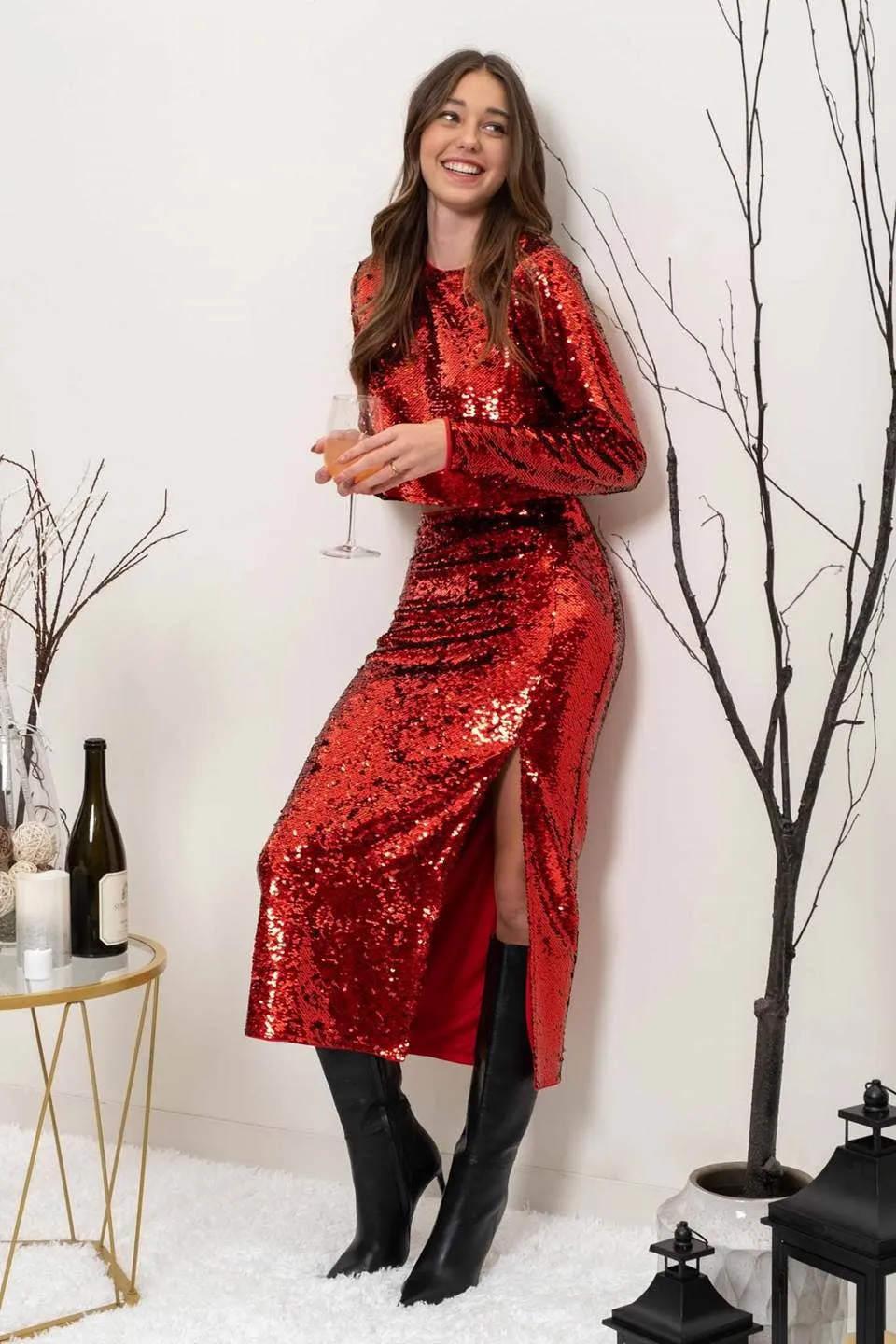 Red Sequin Midi Skirt