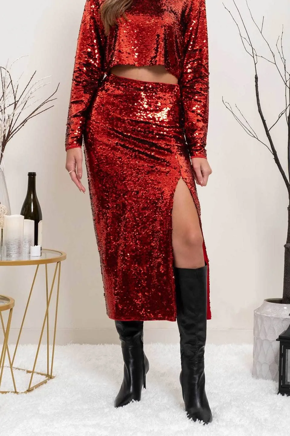 Red Sequin Midi Skirt