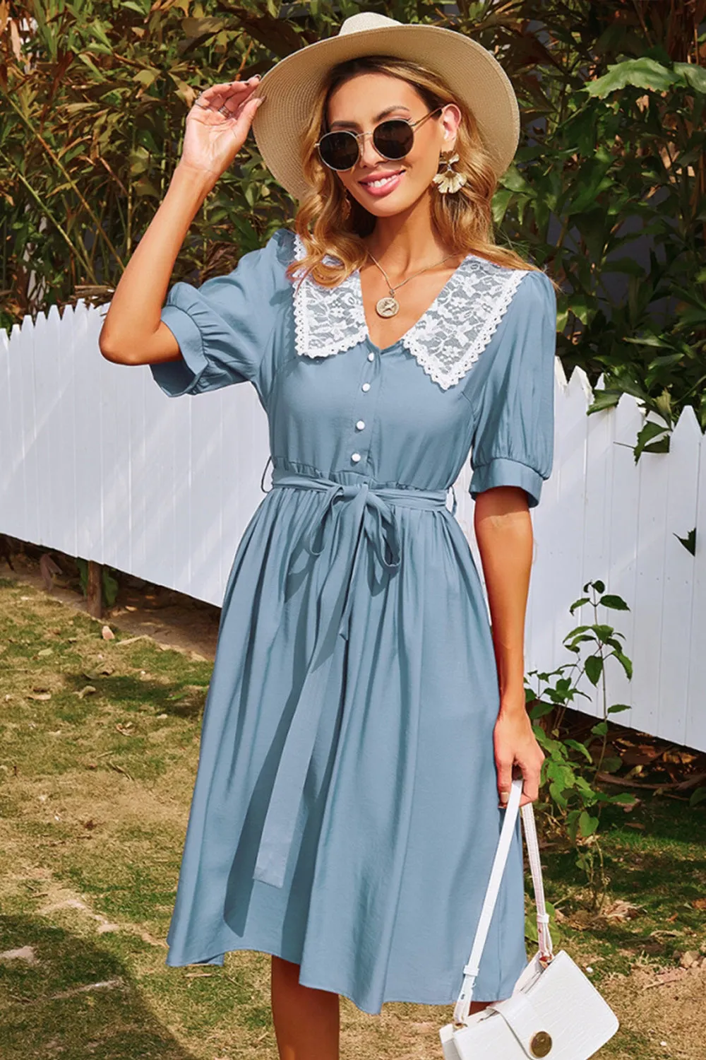 Solid Color Elastic Waist Midi Dress