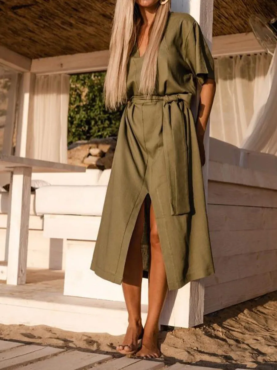 Solid Color Split Dress