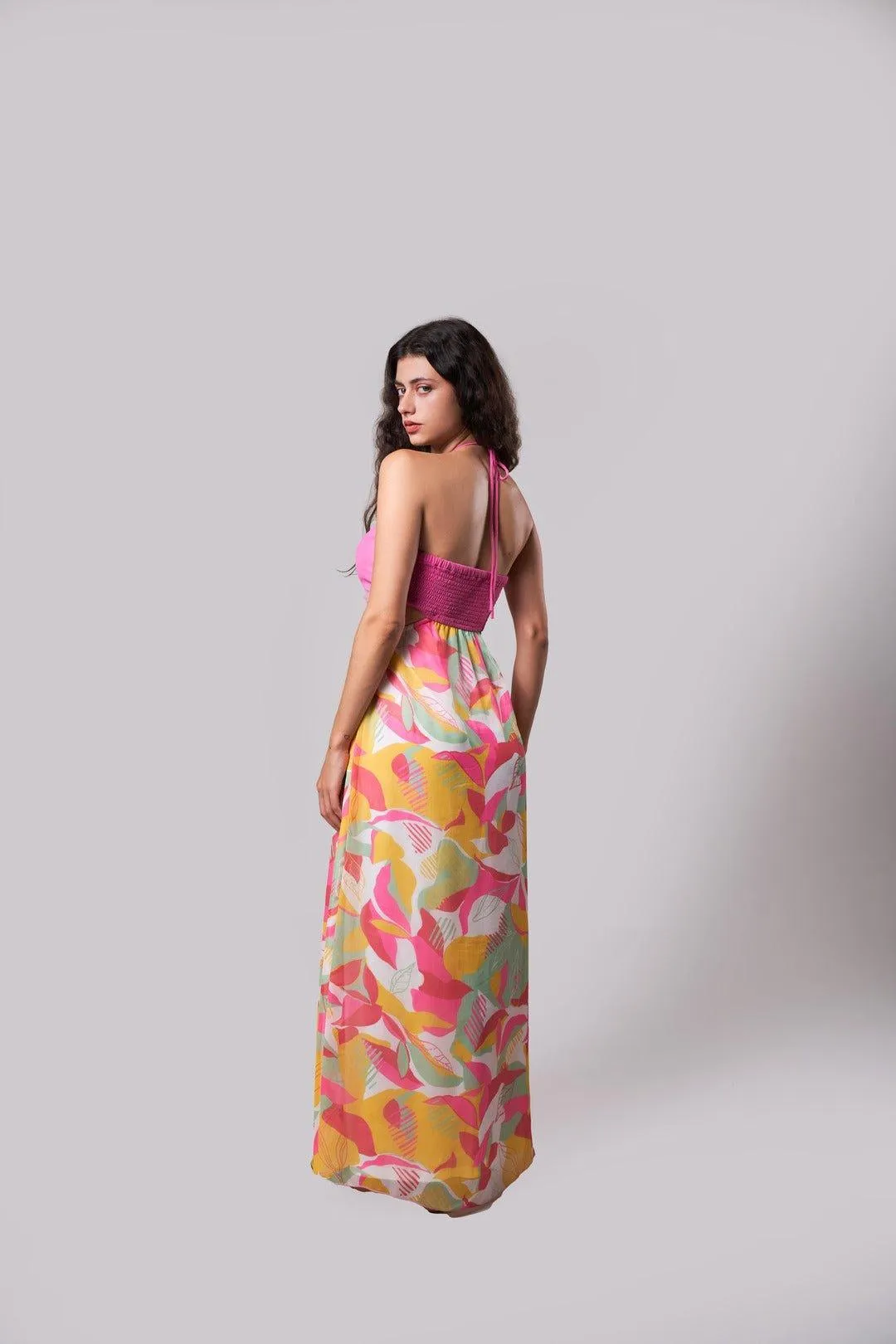 TROPICAL HALTER NECK MAXI DRESS