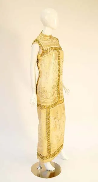 Unique 1960's Asian Print Gold Lame Brocade Gown