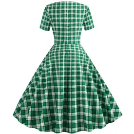 Women Plaid Print Short Sleeve V neck Elegant Slim Dress - WD8008