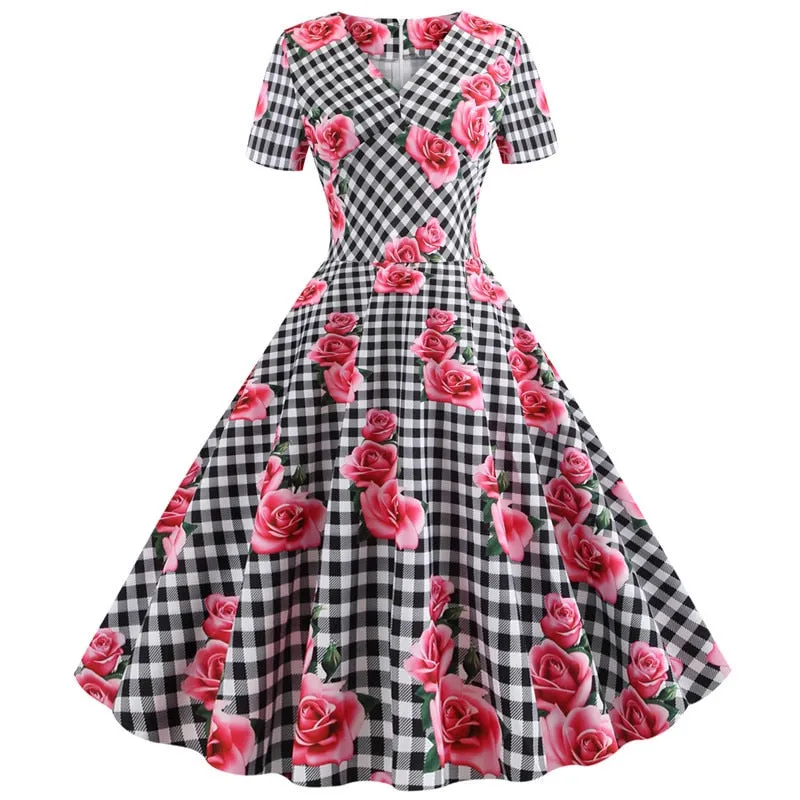 Women Plaid Print Short Sleeve V neck Elegant Slim Dress - WD8008