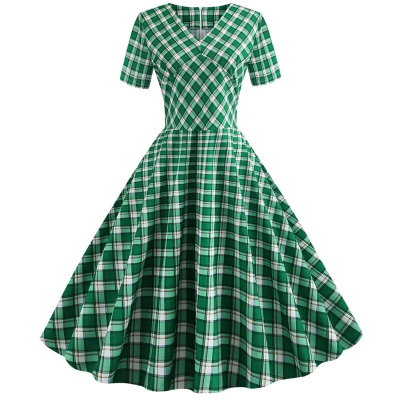 Women Plaid Print Short Sleeve V neck Elegant Slim Dress - WD8008
