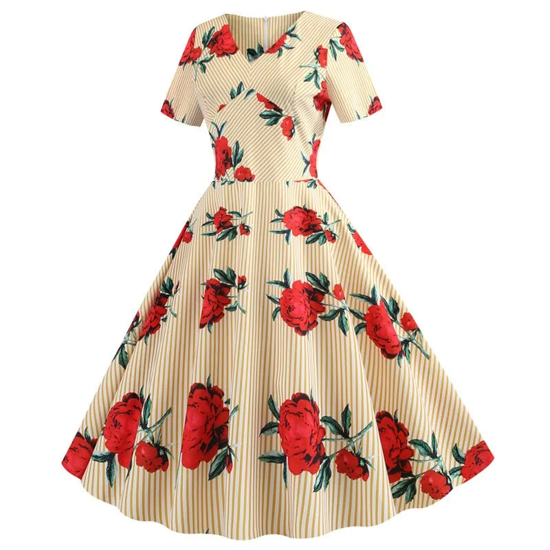 Women Plaid Print Short Sleeve V neck Elegant Slim Dress - WD8008
