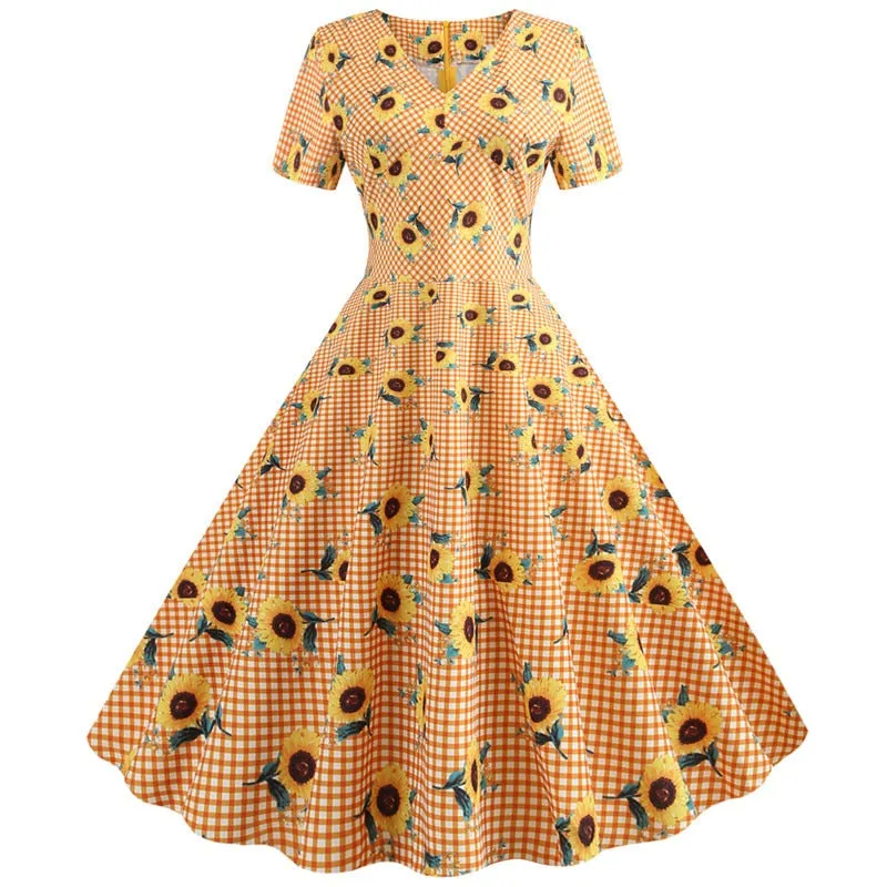 Women Plaid Print Short Sleeve V neck Elegant Slim Dress - WD8008
