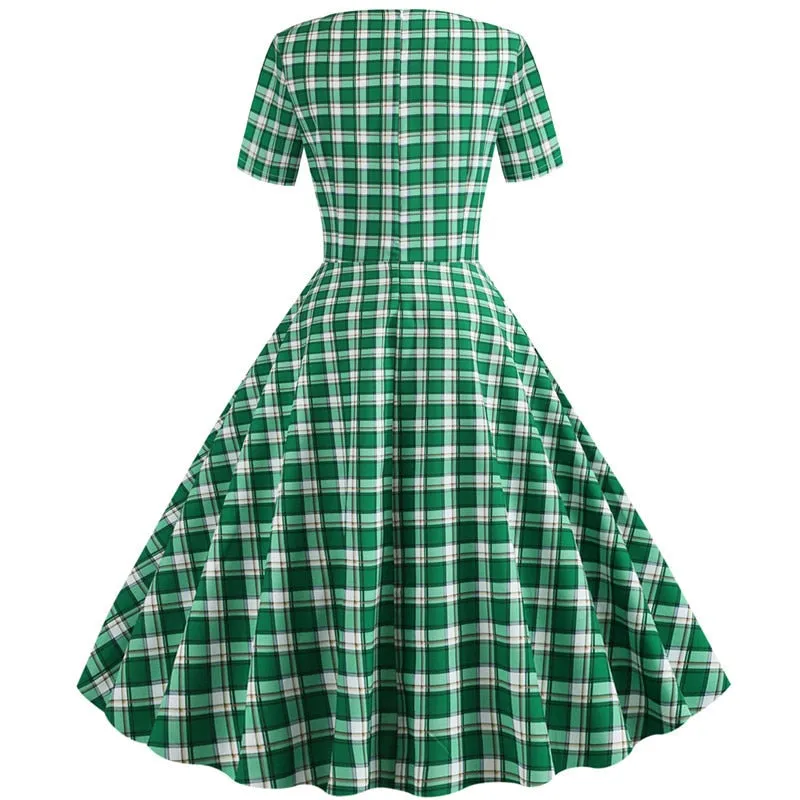 Women Plaid Print Short Sleeve V neck Elegant Slim Dress - WD8008