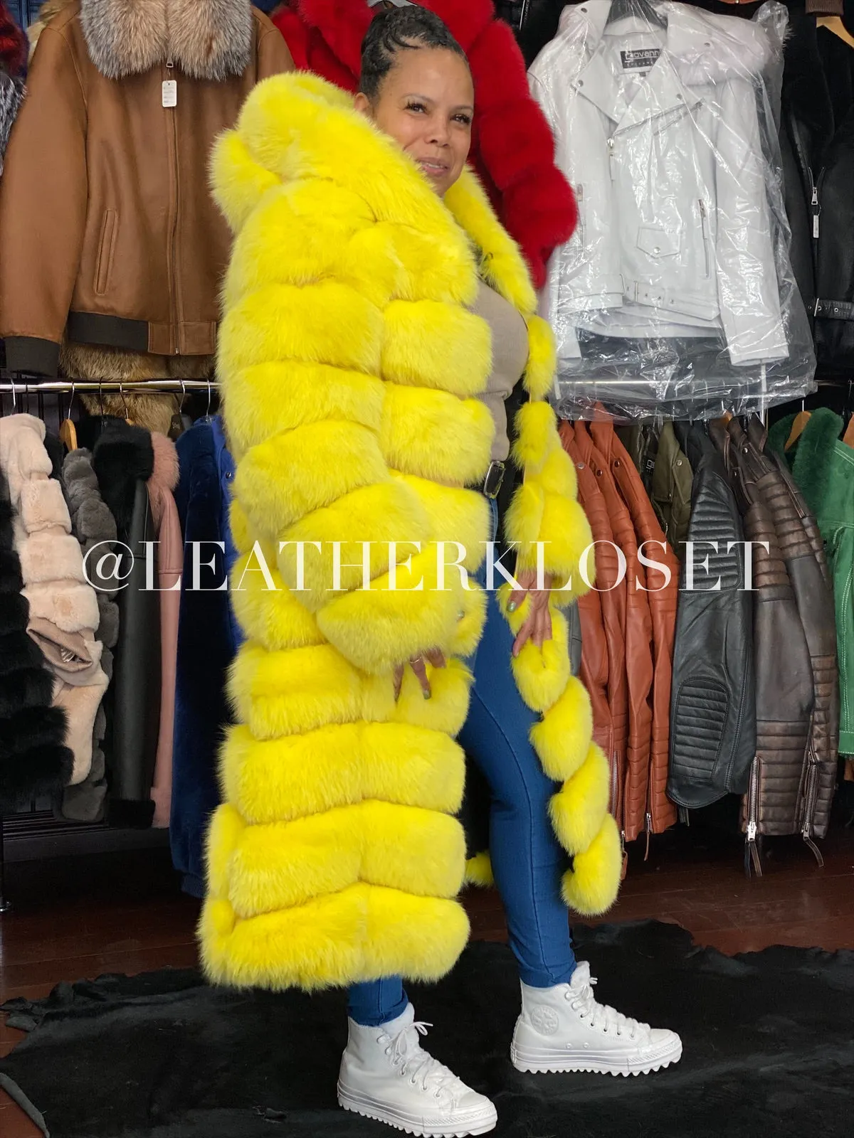 Women's 7/8 Length Fox Fur Trench Coat